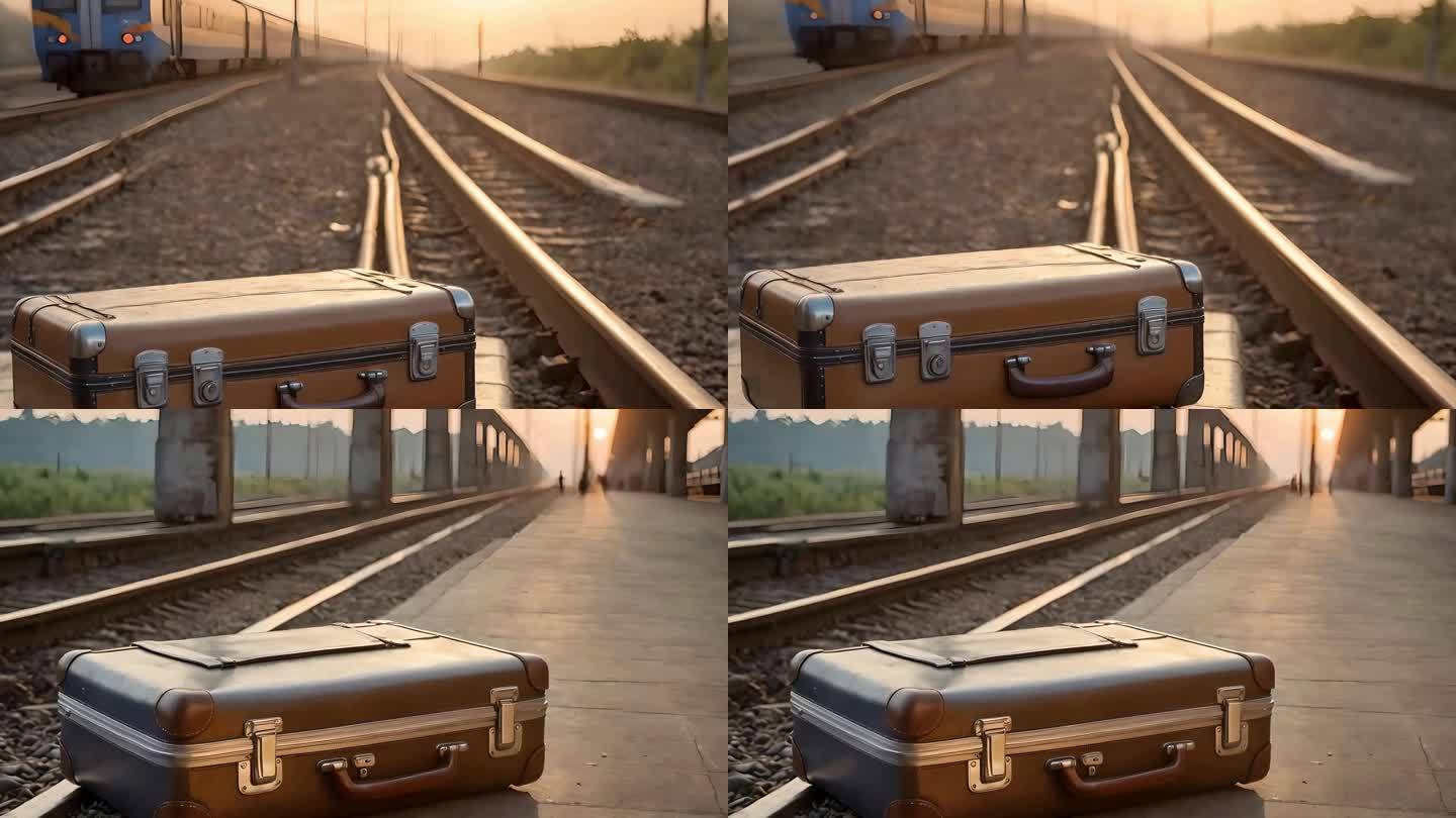 火车站离别伤感 遗落的行李箱
