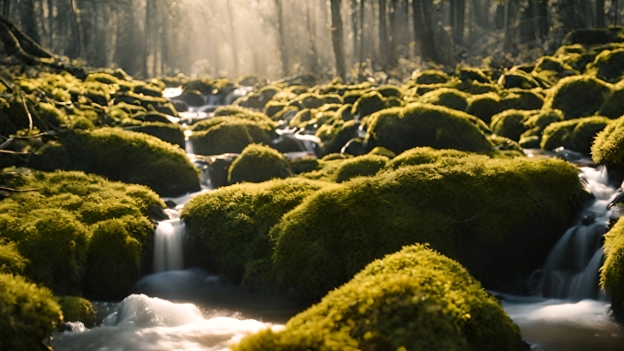 阳光 苔藓 溪流 4K 原始森林青苔苔藓