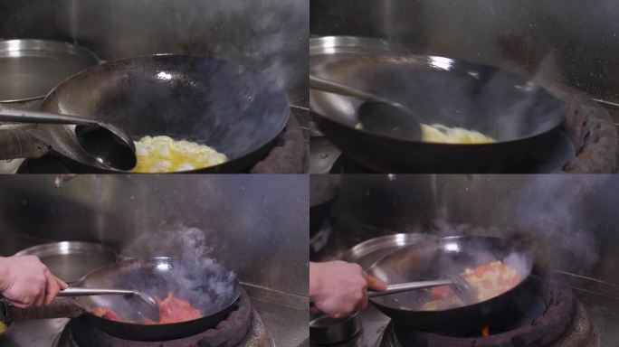 升格慢动作番茄炒蛋蛋液倒入锅中翻锅颠勺