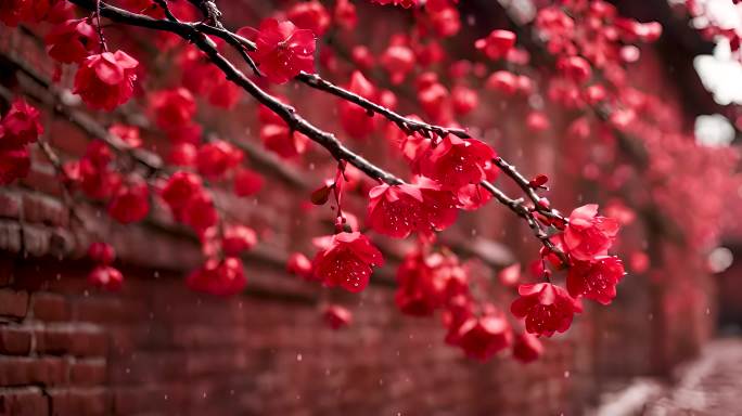 古风背景红墙梅花下雨意境中国风