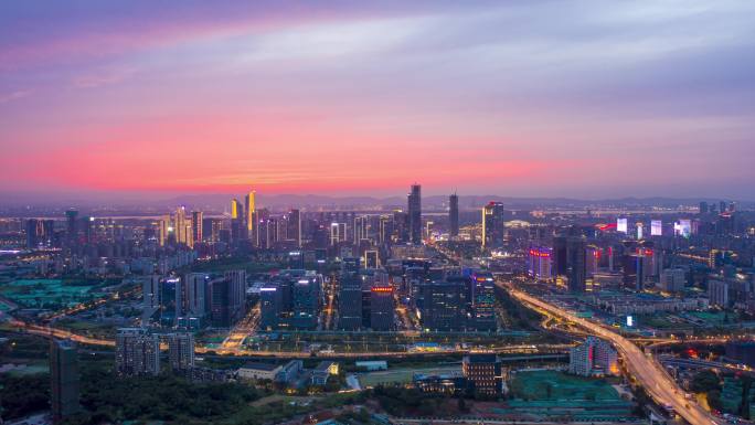 南京河西建邺新城科技园航拍晚霞夜景延时2