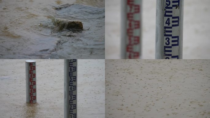 汛期上涨的河水淹没水位刻度尺升格空镜