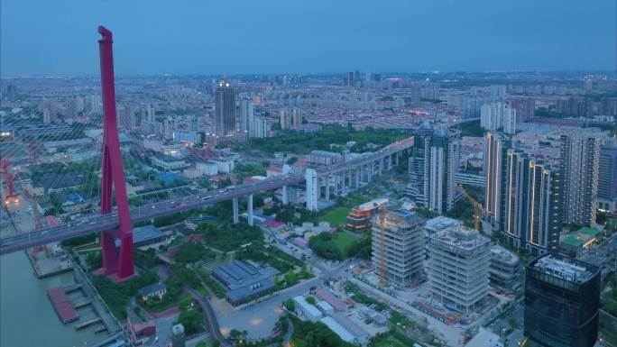 上海市浦东新区杨浦大桥城市车流船只船舶夜