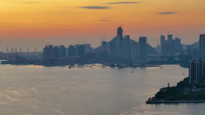 夕阳西下深圳湾航拍日落傍晚黄昏风景风光深