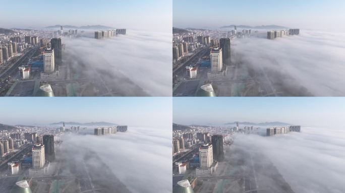 航拍威海市环翠区湾九里城市上空平流雾延时