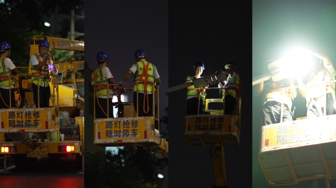 4K-夜晚工人抢修路灯 修路灯合集