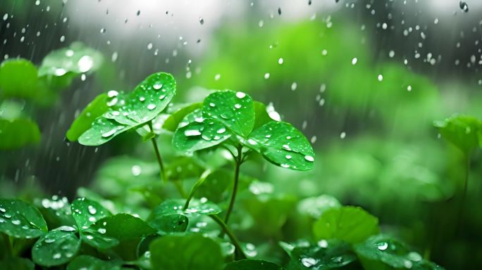 下雨春雨雨水空镜头绿植