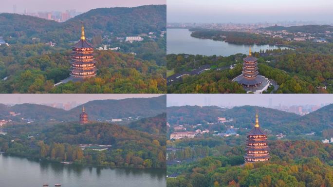 唯美杭州西湖雷峰塔景区大自然风光群山航拍