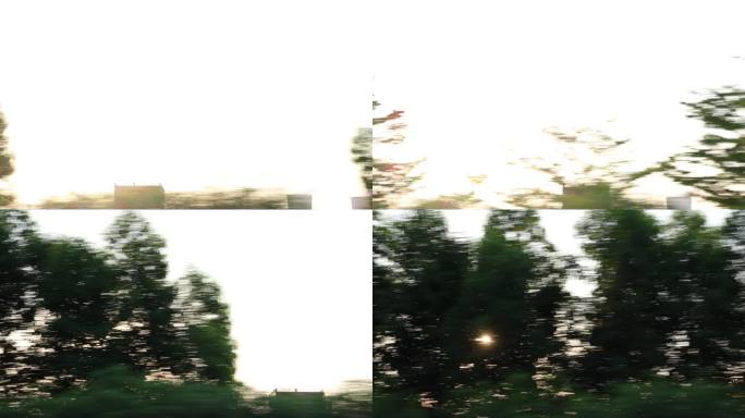【4k】高速路上车窗外夕阳光线透过树木
