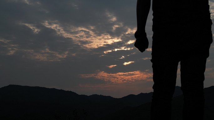 夕阳下握拳剪影