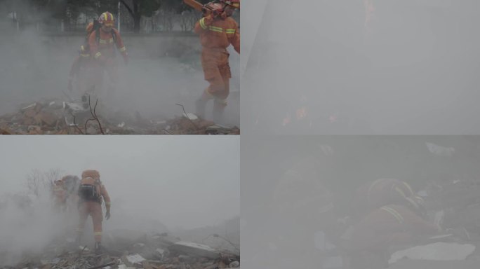 消防员走过火灾现场的废墟救援灭火