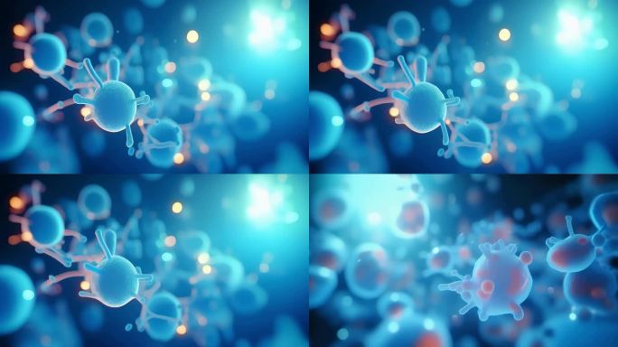 细菌细胞周围散布天蓝色化学物质AI视频