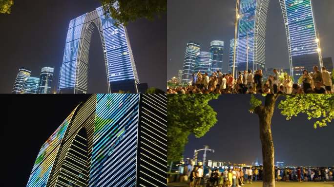 江苏苏州金鸡湖景区东方之门夜晚夜景人流唯