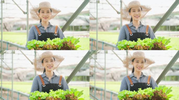 4K实拍亚裔年轻女性农民端着菜篮微笑