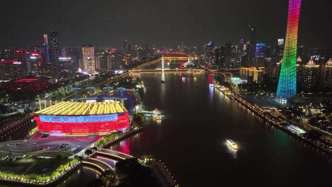 广州夜景广州塔小蛮腰夜晚航拍海珠区广东城