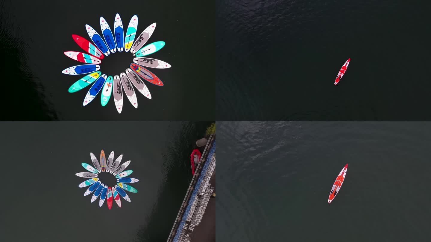 4k楠溪江划桨比赛停在水中的桨板意象镜头
