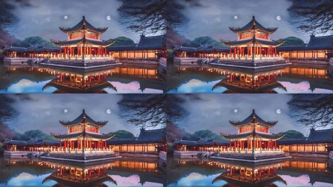 中式建筑月光背景夜晚倒影