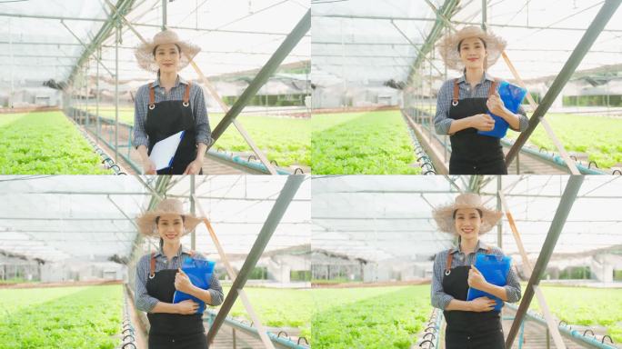 4K实拍美丽职员女孩农民在菜园工作微笑