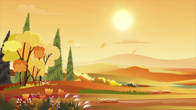 卡通秋天秋季树木叶子山峰阳光背景