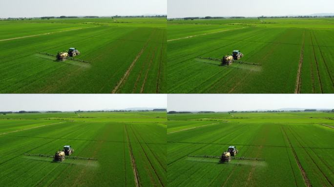4K航拍农民拖拉机喷洒肥料除草剂杀虫剂