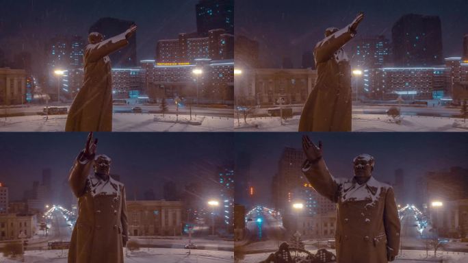 雪中伟人雕像毛主席雕像航拍