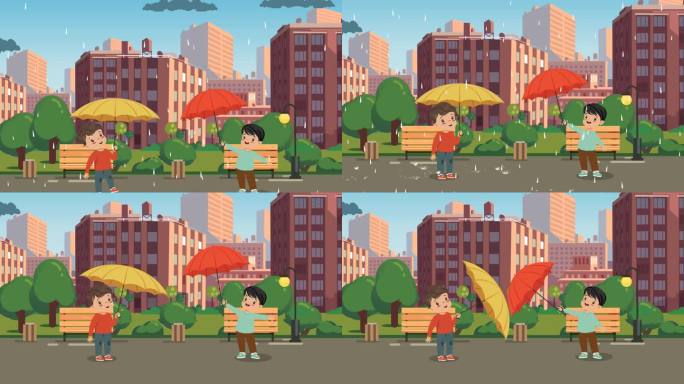 小孩下雨撑伞在城市里的动画镜头MG扁平化