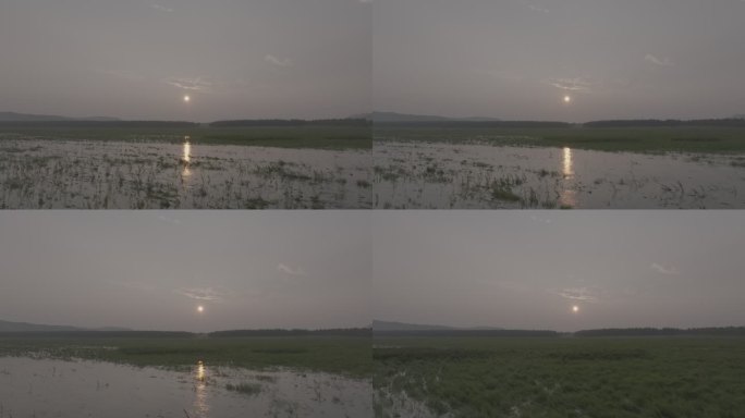 航拍湿地穿梭日落风景