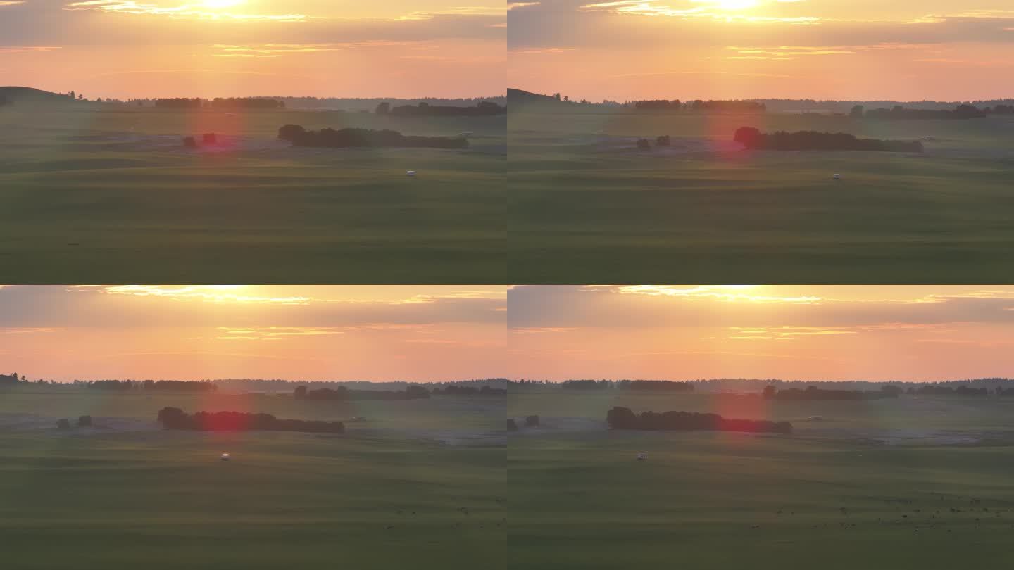 草原穿梭航拍夕阳