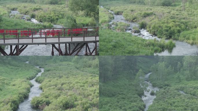 航拍森林小溪小桥湿地风景自然