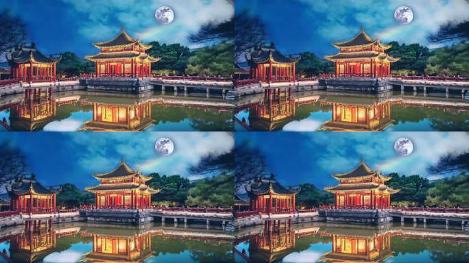 中式建筑月光背景夜晚倒影
