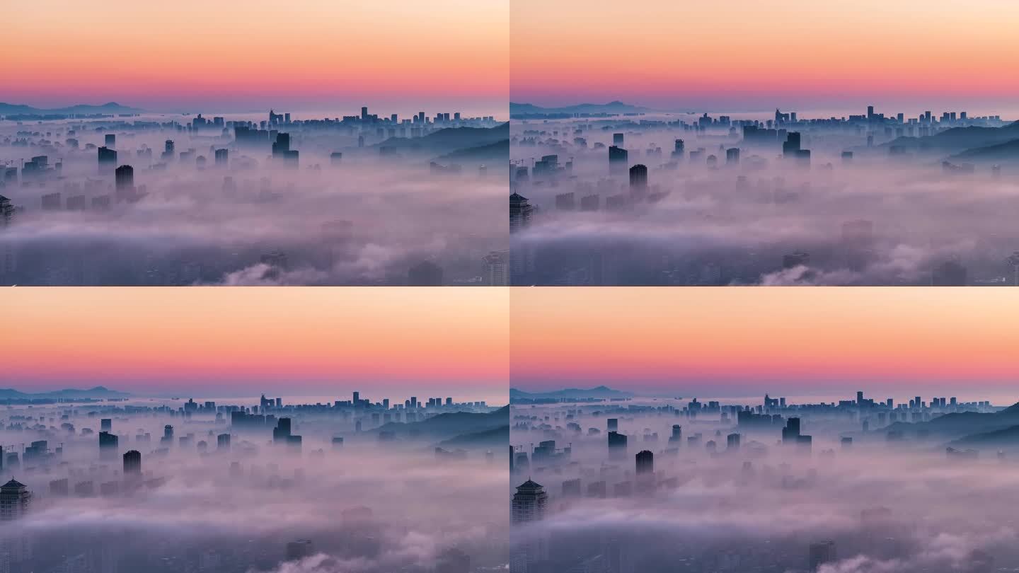 平流雾下城市高楼朝霞4K航拍-2