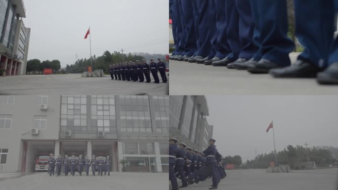 消防队身穿统一蓝色制服列队踢正步