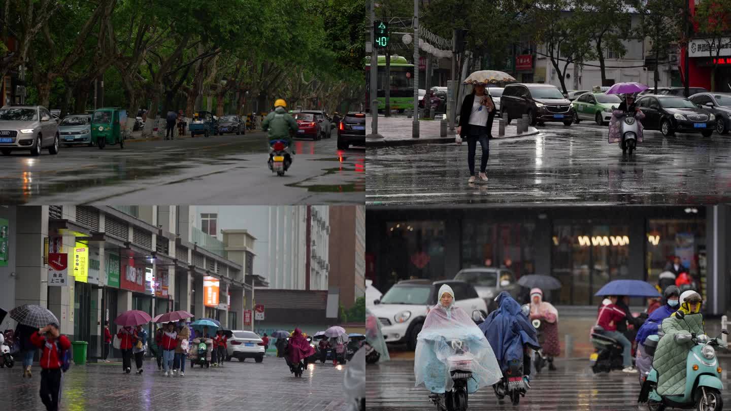 雨天行人过马路街头街景人来人往斑马线