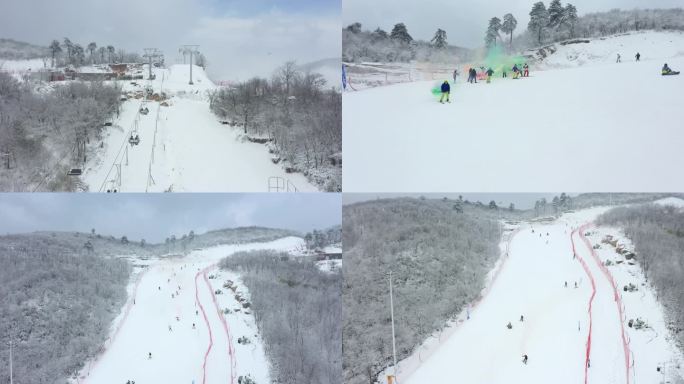 4K航拍安吉云上草原雪场游客排队上山滑雪