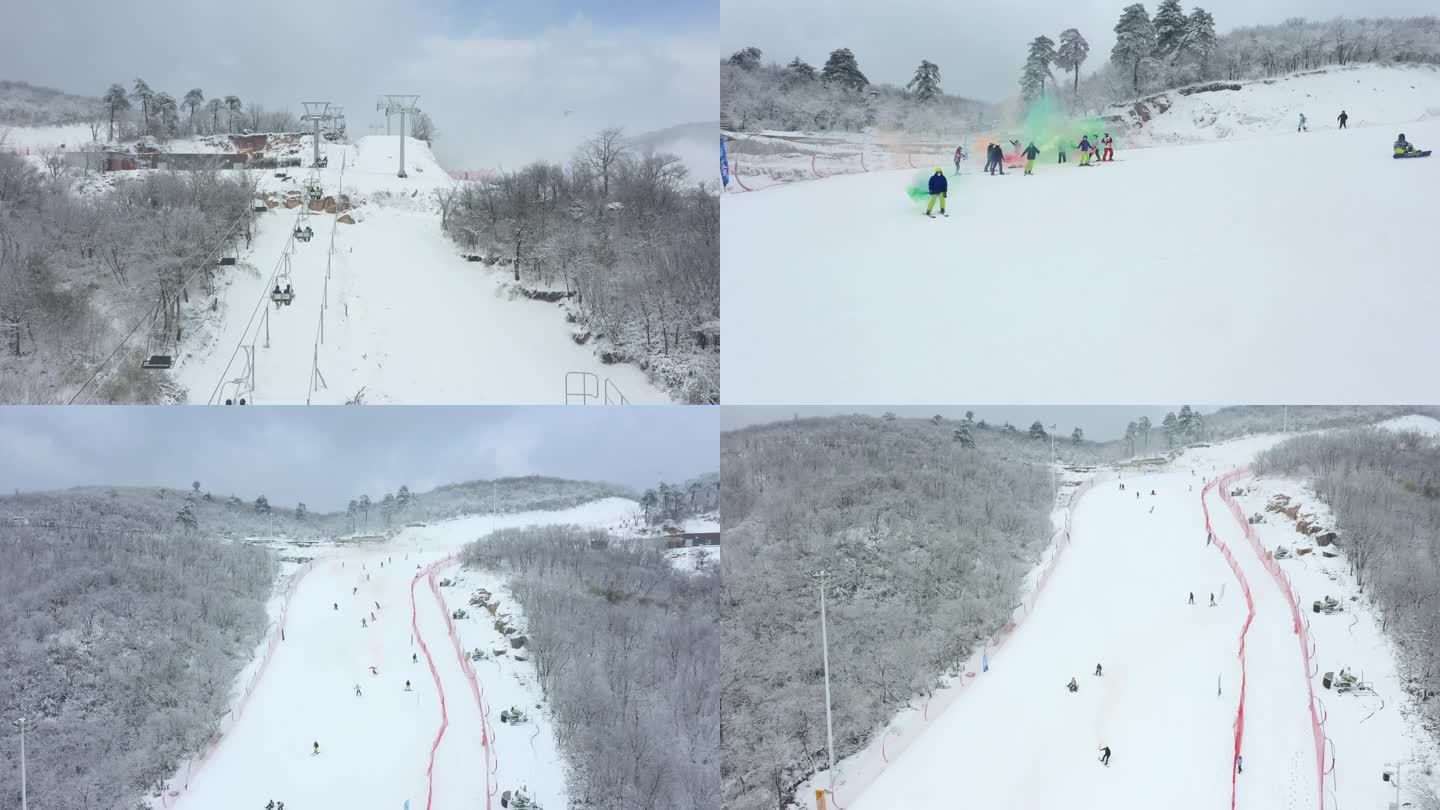 4K航拍安吉云上草原雪场游客排队上山滑雪