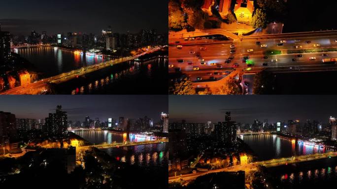 广州海印桥车流夜景4K多角度航拍