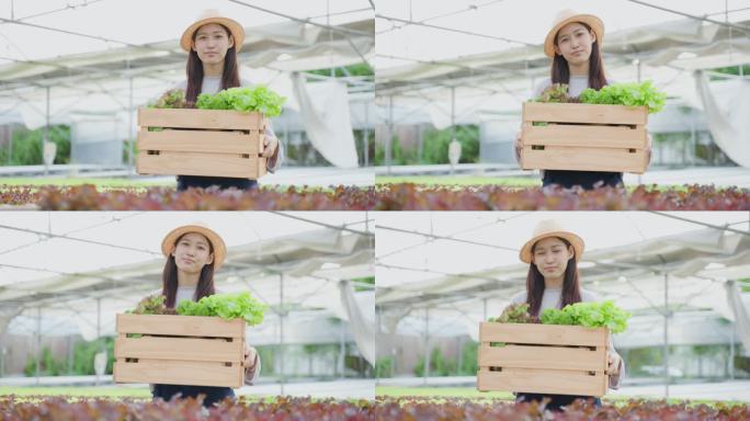 4K实拍亚裔年轻女性农民拿着篮子微笑