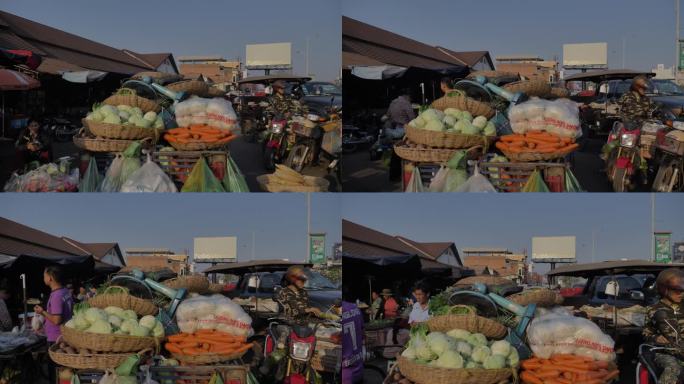 东南亚柬埔寨暹粒早晨热闹忙碌的市场集市