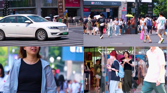 城市夏天暑假酷暑高温炎热街道行人过马路人