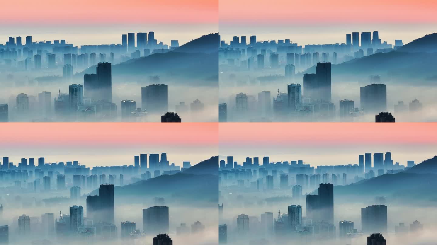 平流雾下城市高楼朝霞4K航拍-2