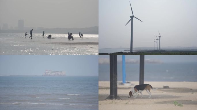 清晨海边漫步的人海边风车4K空镜