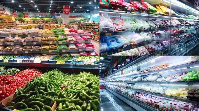 超市货架摆放的购物商品食品水果蔬菜素材空