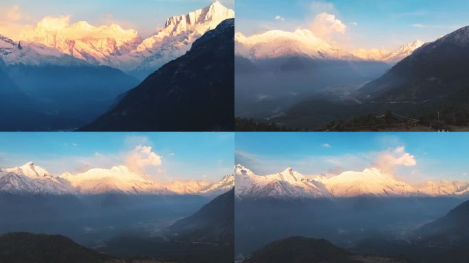 西藏吉隆镇乃夏村日出航拍雪山村庄风景