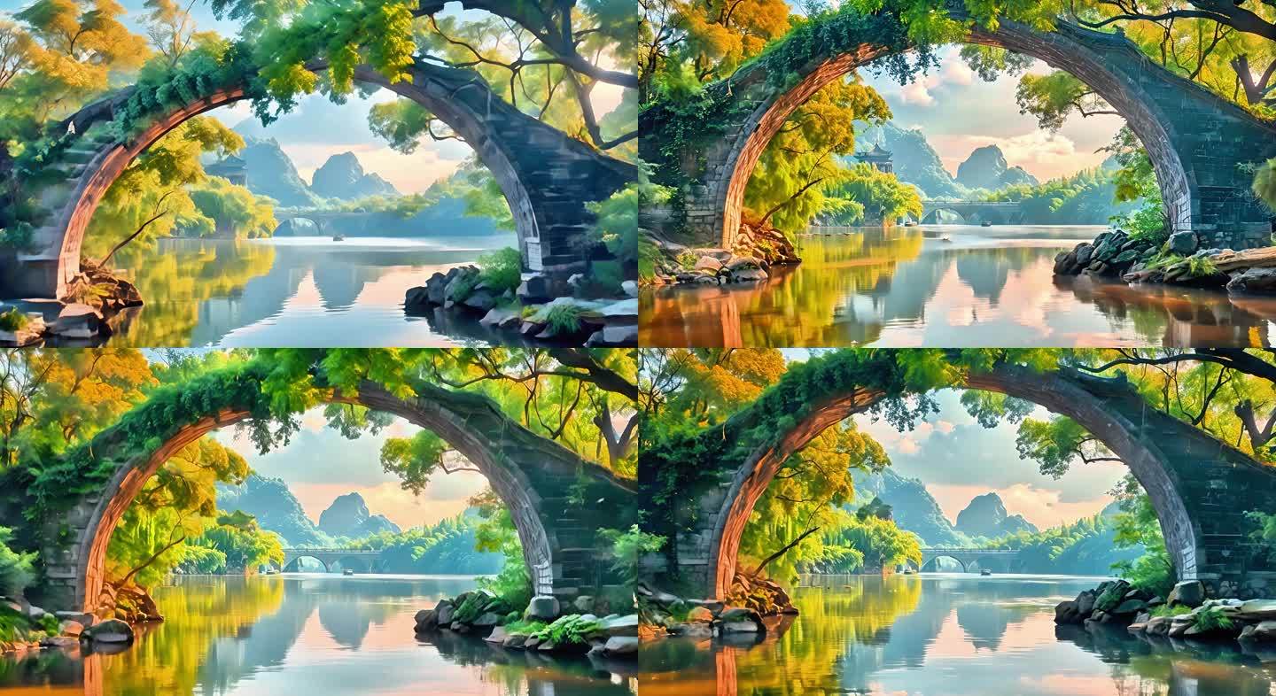 桂林风光古代石桥横跨清澈溪流瀑布场景2