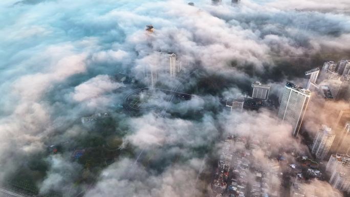 平流雾下的城市市中心4K航拍