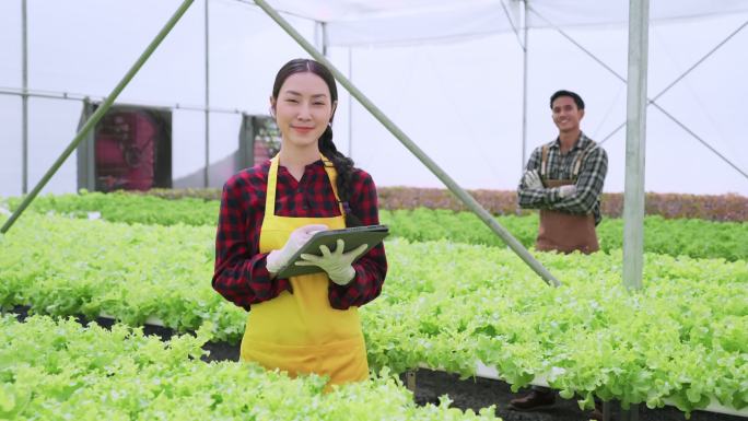4K实拍亚洲男女农民检查农作物的质量