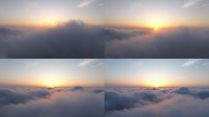 无人机穿过云层看见绝美日出