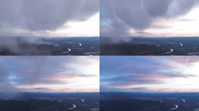 延时航拍山川夕阳云彩冷空气