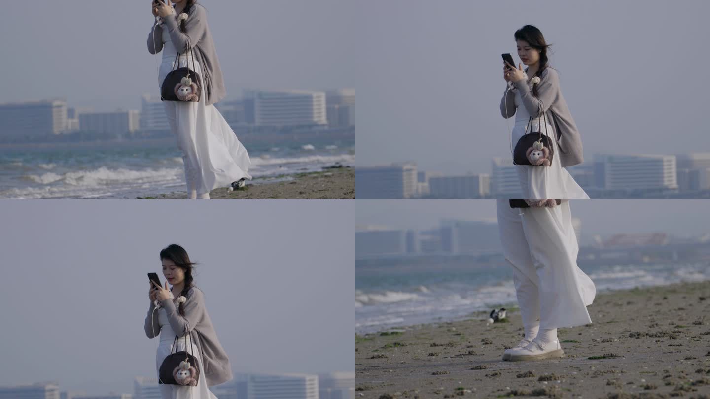 海边穿白色裙子的美女