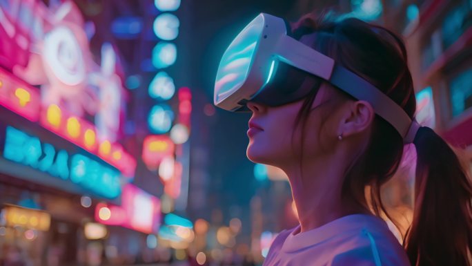 4K美女头戴科技VR设备进行虚拟现实交互